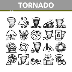 Tornado And Hurricane Collection Icons Set Vector Thin Line. Tornado Blowing House Roof, Cyclone On Planet Globe, Twister Weather Concept Linear Pictograms. Monochrome Contour Illustrations
