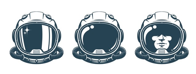 Astronaut helmet - vintage set. Spaceman face in space suit - retro design. Vector illustration. - obrazy, fototapety, plakaty