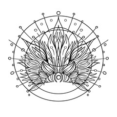 Ornate inked decorative mandala inspired element, beautiful ornament floral crown. Medieval, Indian tribal spiritual symbol. Tattoo. Isolated on white vector illustration.