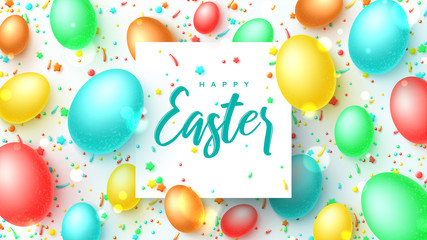 Happy Easter festive banner. Vector illustration with realistic colorful Easter eggs and sweets. Spring holiday card. Promotion greeting background with holiday symbols.