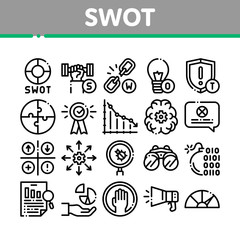 Swot Analysis Strategy Collection Icons Set Vector Thin Line. Swot Infographics And Broken Chain, Lightbulb, Shield And Brain With Gear Concept Linear Pictograms. Monochrome Contour Illustrations