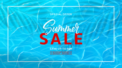 Summer sale horizontal banner template. Water surface texture template. Realistic transparent water texture with sea waves. Vector illustration. Seasonal discount offer.