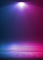 Empty dark abstract background. Empty street background. Glow of neon lights on an empty road. Night view of the city