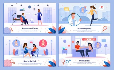 Fototapeta na wymiar Pregnancy and Career, Pregnant Woman Leisure and Active Life, Test Positive Reaction Trendy Flat Vector Banner, Poster Set. Woman Works in Office, Jogging, Telling Husband About Pregnancy Illustration