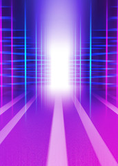 Empty dark abstract background. Background of empty show scene. Glow of neon lights and neon figures on an empty concert stage. Reflection of light on the pavement.