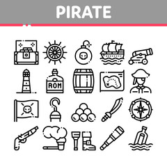 Fototapeta premium Pirate Sea Bandit Tool Collection Icons Set Vector Thin Line. Pirate Saber And Spyglass, Steering Rudder, Crossed Bones And Skull Flag Concept Linear Pictograms. Monochrome Contour Illustrations