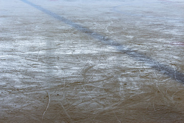 ice of the hockey arena cut by skates