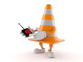 Traffic cone character pushing button on white background