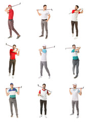 Collage with handsome male golfers on white background