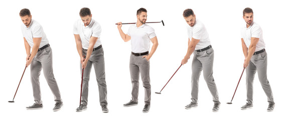 Fototapeta na wymiar Collage with handsome male golfer on white background