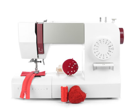 Modern Sewing Machine On White Background