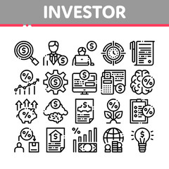 Investor Financial Collection Icons Set Vector Thin Line. Investor With Money Dollar And Lightbulb, Brain With Percentage Mark And Document Concept Linear Pictograms. Monochrome Contour Illustrations
