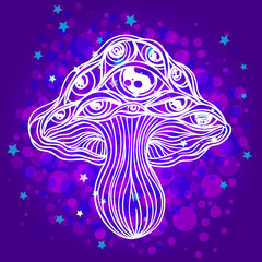 Fototapeta premium Magic mushrooms. Psychedelic hallucination. Vibrant vector illustration. 60s hippie colorful art. Decoration in ethnic boho style tattoo. Alchemy or astrology, esoteric or festive design.
