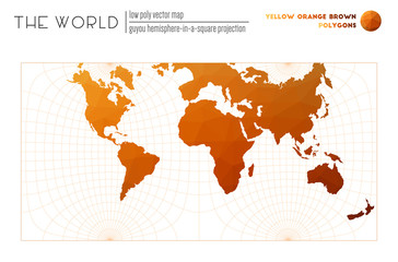 Abstract world map. Guyou hemisphere-in-a-square projection of the world. Yellow Orange Brown colored polygons. Stylish vector illustration.