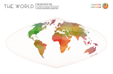 Triangular mesh of the world. Craster parabolic projection of the world. Colorful colored polygons. Neat vector illustration.