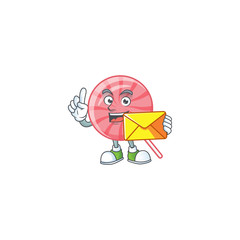 Cheerfully pink round lollipop mascot design with envelope - 315576837