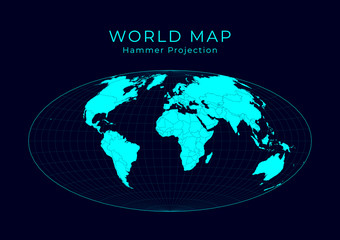 Map of the World. Hammer projection. Futuristic infographic world illustration. Bright cyan colors on dark background. Appealing vector illustration.