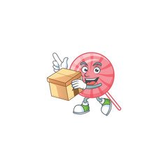 Cute pink round lollipop cartoon character having a box