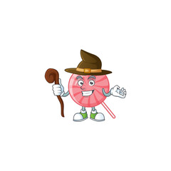 cartoon mascot style of pink round lollipop dressed as a witch - 315577279