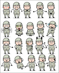 Poses of Cartoon Army Man - Set of Concepts Vector illustrations