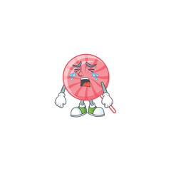 Sad of pink round lollipop cartoon mascot style