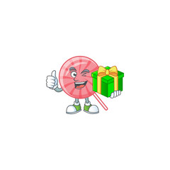 Smiley pink round lollipop character with gift box