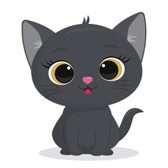 Cute gray kitten isolated on a white background. Funny pet, charming sitting kitty of British breed, cute furry friend. Cartoon style, vector