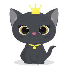 Fototapeta premium Cute gray kitten in a crown and a ribbon with a medallion isolated on a white background. Charming seated kitten princess of British breed, cute fluffy friend. Cartoon style, vector