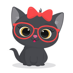 Cute gray kitten with a red bow and glasses isolated on white background. Funny pet, charming sitting kitten of British breed, cute furry friend. Cartoon style, vector