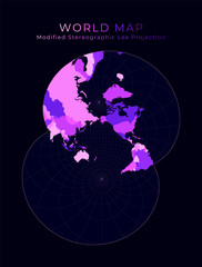 World Map. Modified stereographic projection for the Pacific Ocean. Digital world illustration. Bright pink neon colors on a dark background. Astonishing vector illustration.