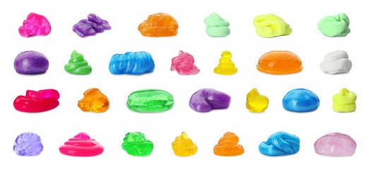 Set of different colorful slimes on white background. Antistress toy