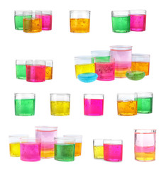 Set of different colorful slimes on white background. Antistress toy