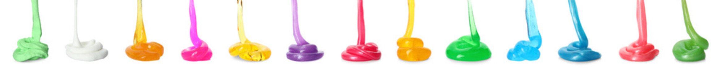 Set of different colorful slimes on white background. Antistress toy