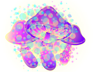 Magic mushrooms. Psychedelic hallucination. Vibrant vector illustration. 60s hippie colorful art. Decoration in ethnic boho style tattoo. Alchemy or astrology, esoteric or festive design.