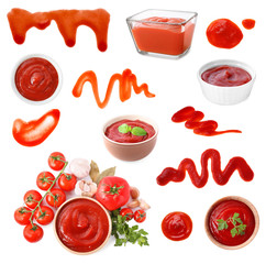 Set of tasty tomato sauce on white background