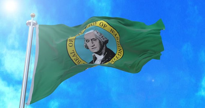 The state flag of Washington consists of the state seal, displaying an image of state namesake George Washington, on a field of dark green with gold fringe being optional.