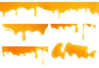 Set of flowing organic delicious honey on white background