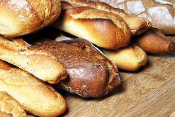 French baguettes. Fresh crisp bread. Bread background.