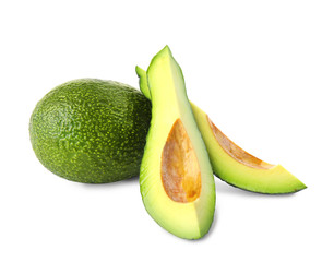 Tasty ripe avocados on white background. Tropical fruit