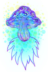 Fototapeta premium Magic mushrooms. Psychedelic hallucination. Vibrant vector illustration. 60s hippie colorful art. Decoration in ethnic boho style tattoo. Alchemy or astrology, esoteric or festive design.