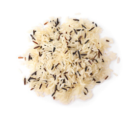 Mix of brown and polished rice isolated on white, top view
