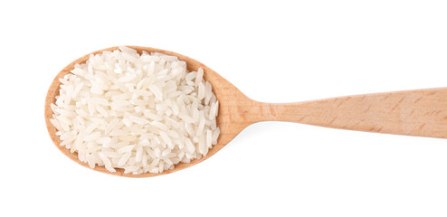 Fototapeta na wymiar Uncooked rice in wooden spoon isolated on white, top view