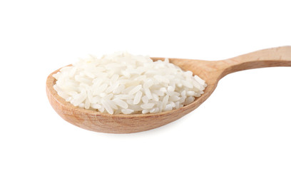 Fototapeta na wymiar Uncooked rice in wooden spoon isolated on white