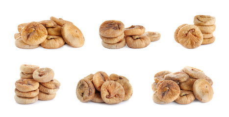 Set of dried sweet figs on white background