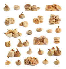 Set of dried sweet figs on white background