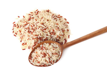 Mix of brown and polished rice with spoon isolated on white, top view