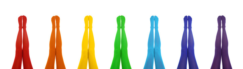 Collage of women wearing different colorful tights on white background, closeup. Banner design