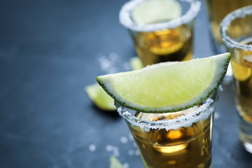 Mexican Tequila shots with salt and lime slices on grey table, closeup