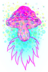 Magic mushrooms. Psychedelic hallucination. Vibrant vector illustration. 60s hippie colorful art. Decoration in ethnic boho style tattoo. Alchemy or astrology, esoteric or festive design.