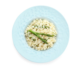 Delicious risotto with asparagus isolated on white, top view